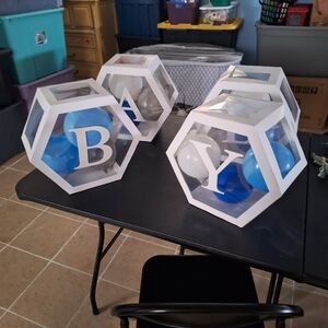 White Hexagon Baby Blocks with Blue and White Letters